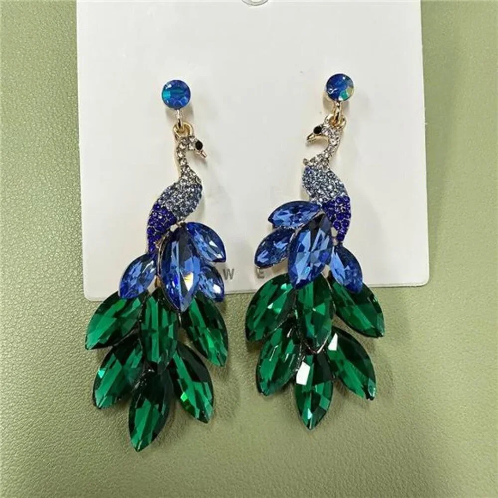 Peacock Dangle Earrings 14K Gold Plated Multicolors Crystal Feather